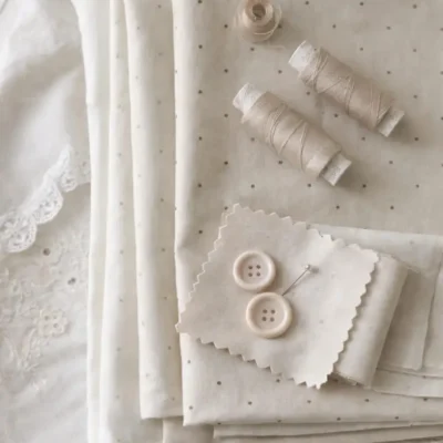 Pile of folded fabric with buttons, needle and thread.