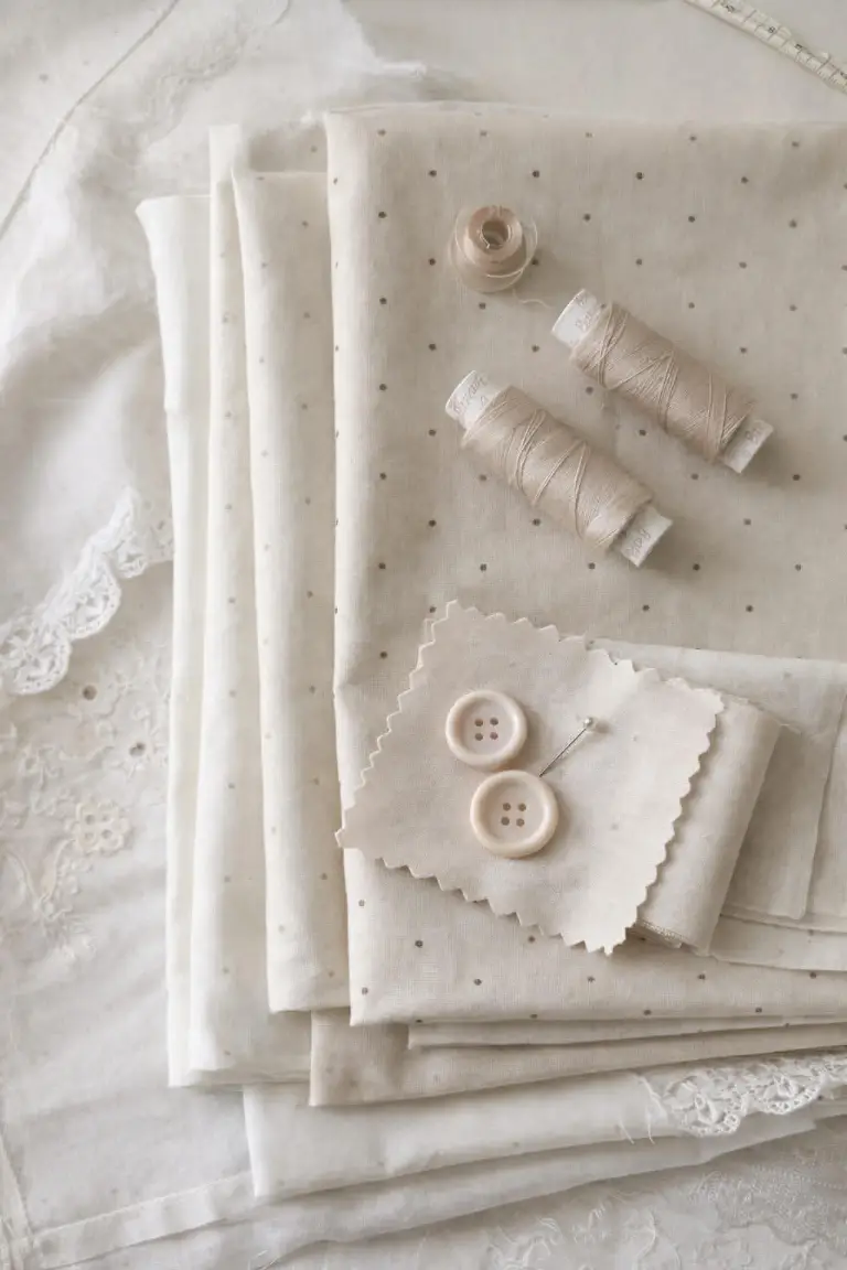 Pile of folded fabric with buttons, needle and thread.