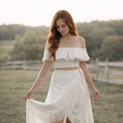 Woman holding her fringed skirt up off her knee